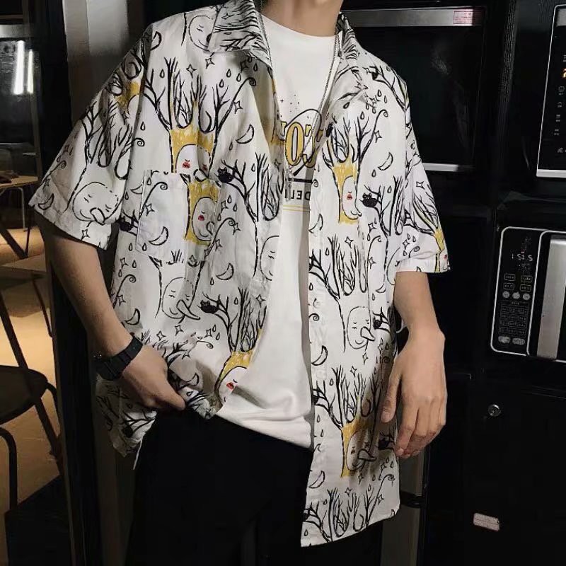 Áo Sơ Mi Tay Ngắn In Họa Tiết Hoạt Hình Phong Cách Hawaii Thời Trang Cho Nam