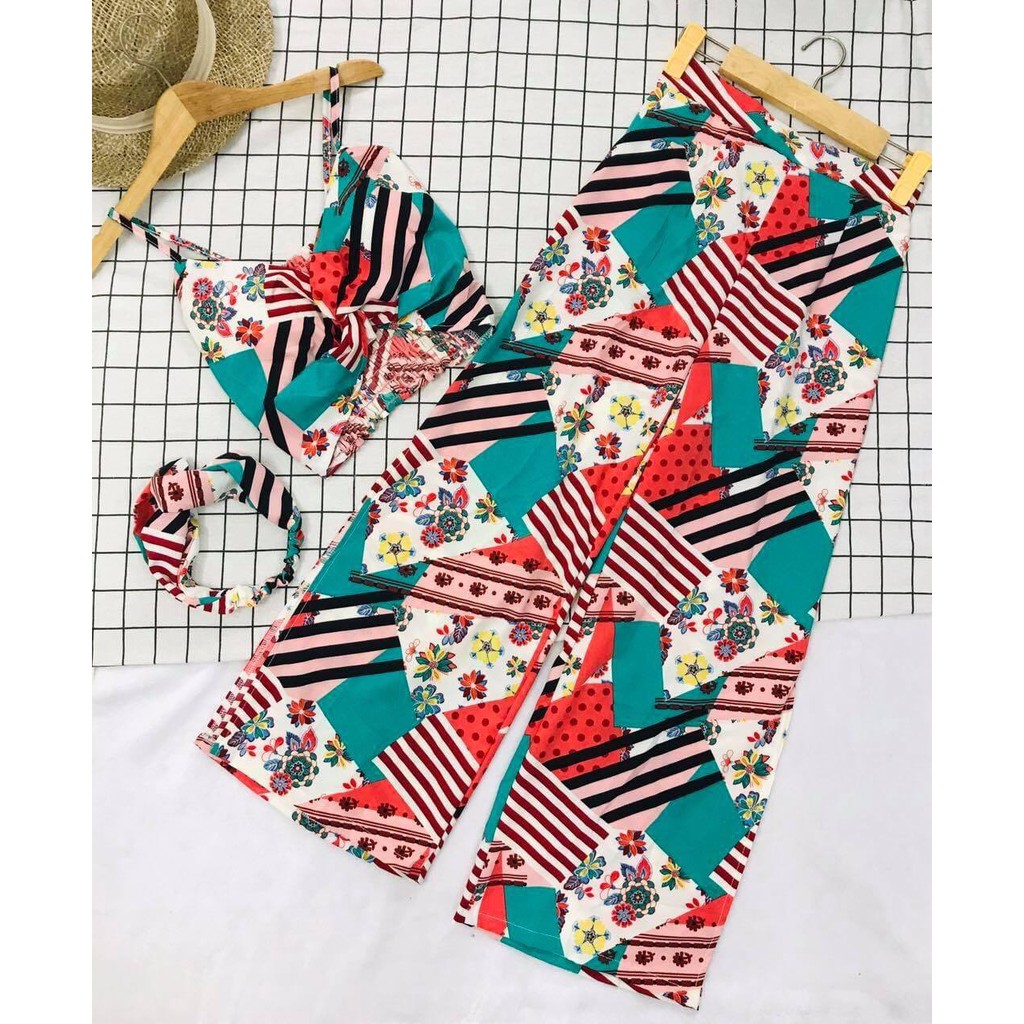 Set bộ đồ đi biển bikini quần ống rộng áo bra sang chảnh che nắng | BigBuy360 - bigbuy360.vn