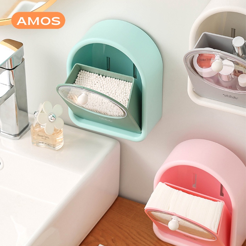 Hộp đựng bông tẩy trang AMOS chất liệu HIPS có nắp đậy treo tường
