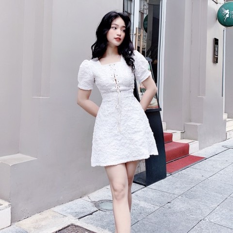 Váy gấm ngắn tay đan dây ngực V614 KYMIE