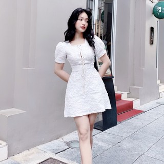 Váy gấm ngắn tay đan dây ngực V614 KYMIE