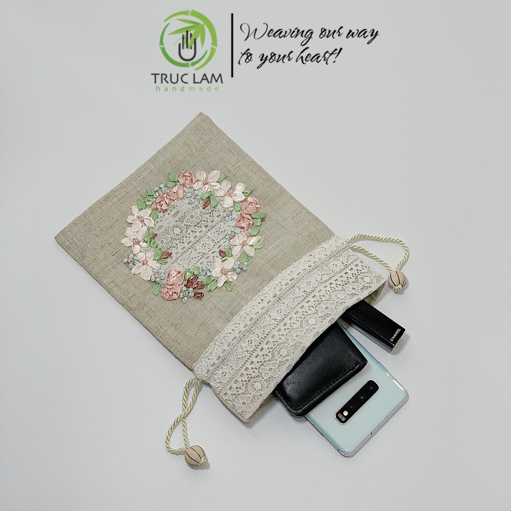 Túi Rút Thêu Ruy Băng Họa Tiết Hoa Phối Ren - Trúc Lâm Handmade