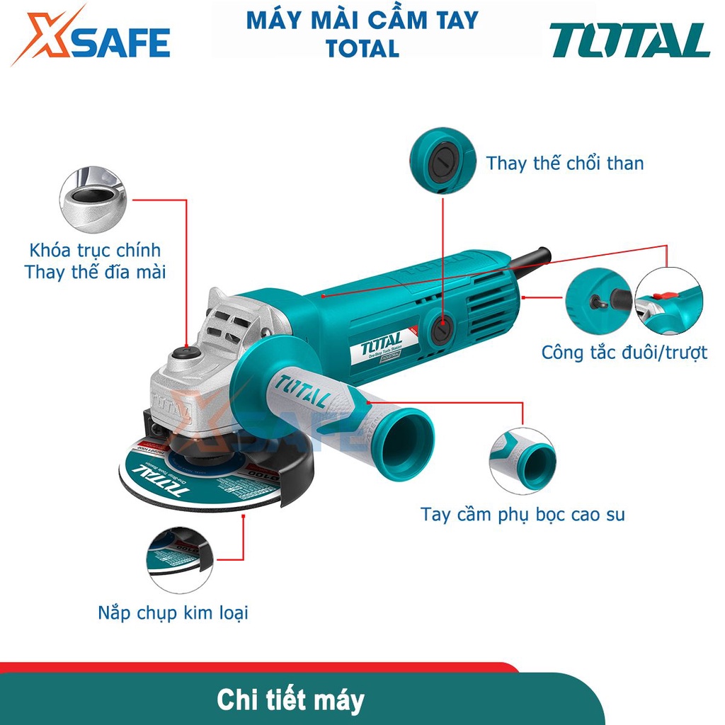 Máy mài góc cầm tay 710W TOTAL TG1071008 đường kính đĩa 100mm, trục chính M10, tốc độ không tải 11000 rpm - chính hãng