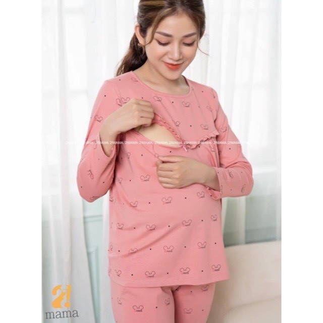 Bộ bầu dài tay chất cotton thiết kế khóa ti cho con bú tiện lợi mặc bầu và sau sinh BD900