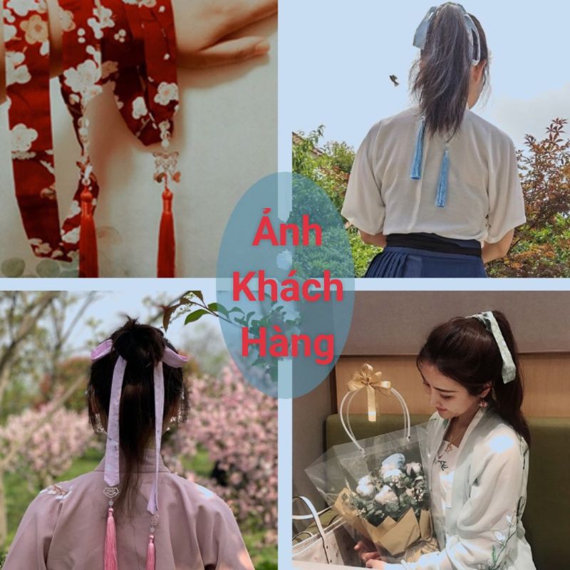 Dây buộc tóc cổ trang chất liệu tơ lụa in hoa kèm dây tô