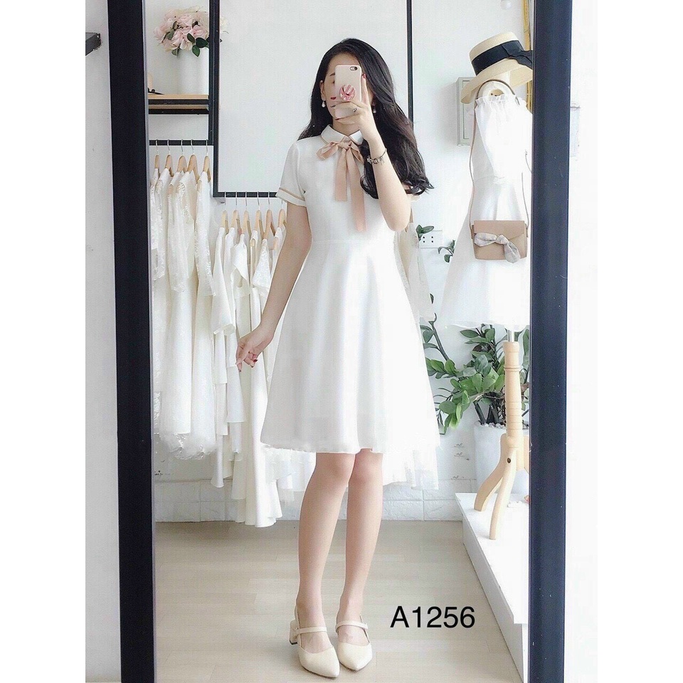 Đầm tiểu thư phối nơ cổ dễ thương thời trang nữ