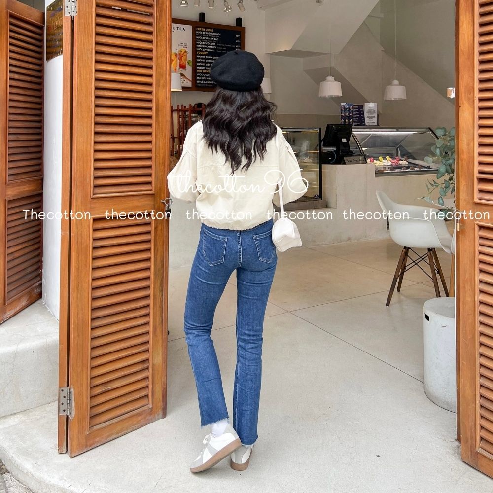 Quần Jeans Ống Loe Xanh Co Giãn TheCotton Quần Jeans Nữ Lưng Cao Cắt Gấu Ảnh Thật
