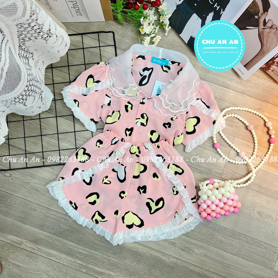 Set Pijama Lụa Mango Phối Cổ Ba Lá Hàng Thiết Kế Cao Cấp Tay Cộc .Bộ Ngủ Lụa Bé Gái Cao Cấp