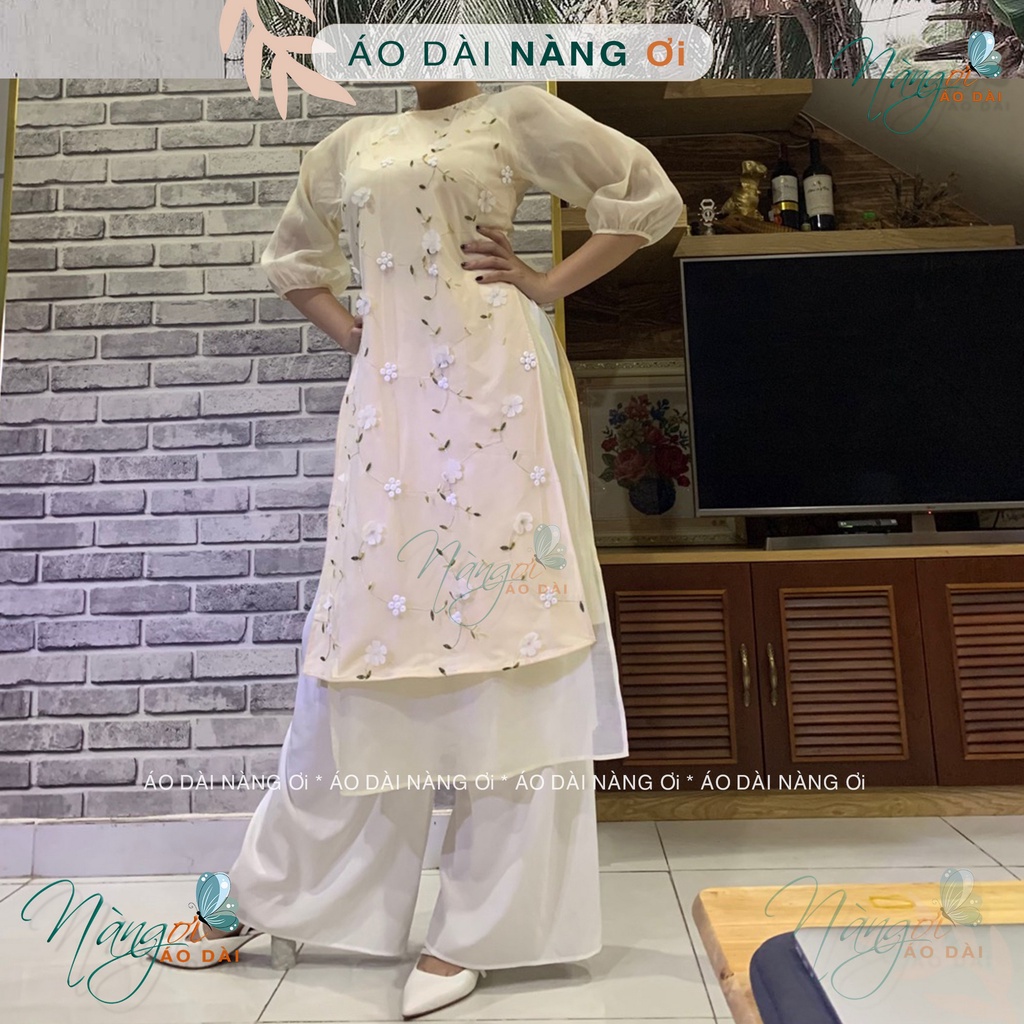 Áo Dài Cách Tân Nữ Hoa Nhí 3D Tay Bồng Cổ Tròn Ren Hoa Nổi NA021