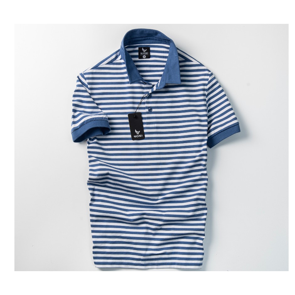 Áo thun nam cao cấp Rosi PL14 cổ polo tay bo ngắn,vải cotton trơn mịn kẻ ngang xanh trắng, dáng ôm(Slimfit) trẻ trung | BigBuy360 - bigbuy360.vn