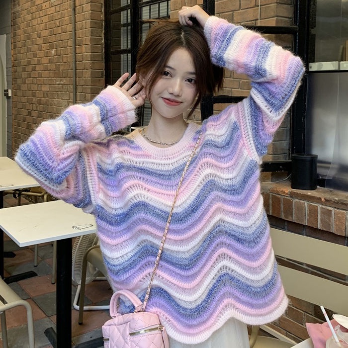 COZOK Áo Sweater Tay Dài Kẻ Sọc Nhiều Màu Thời Trang