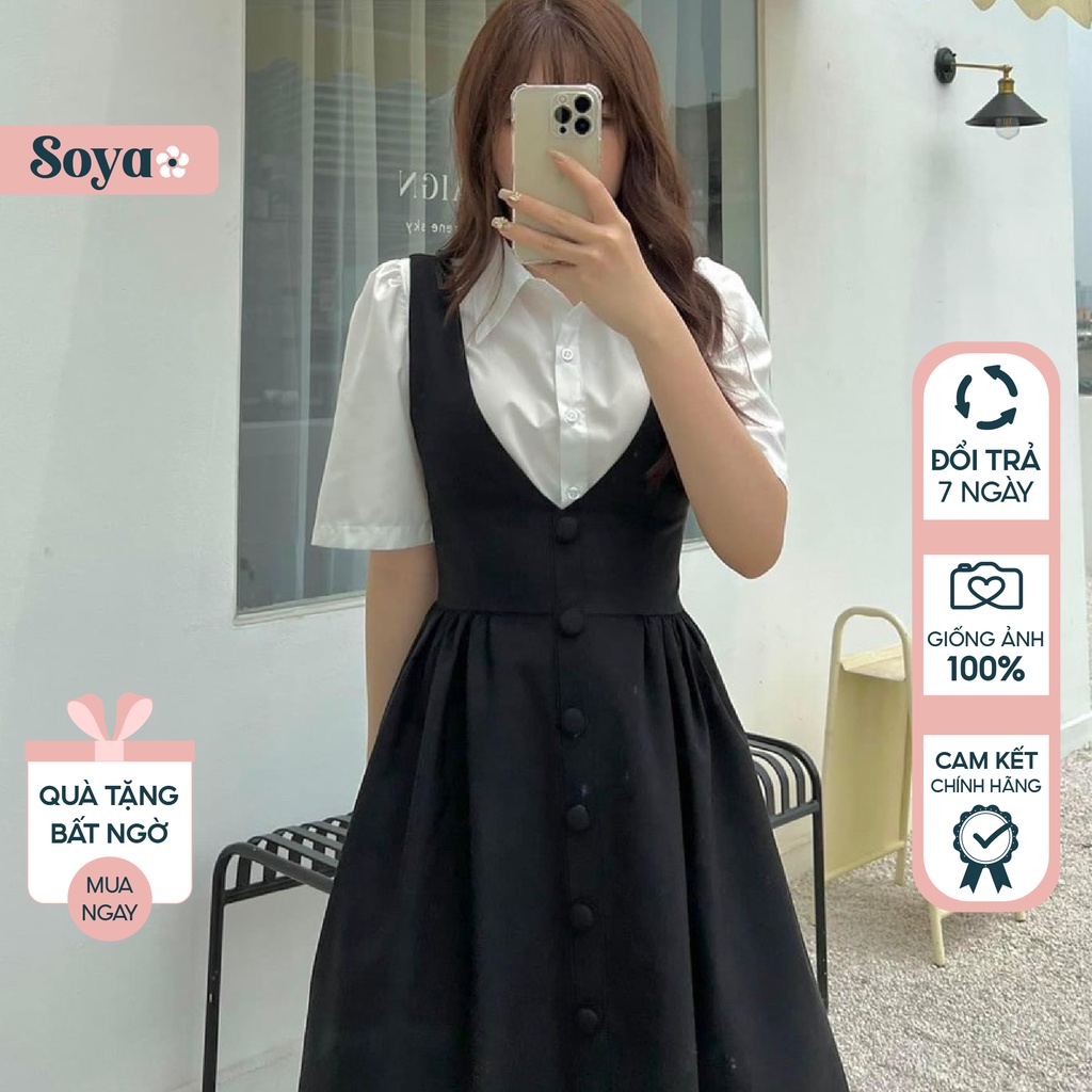 Váy yếm trắng đen Soya cổ chữ V lịch sự nữ tính - đủ size sml