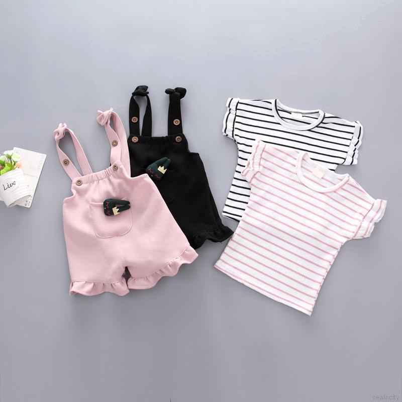 Set áo thun kẻ sọc + quần yếm dễ thương cho bé gái