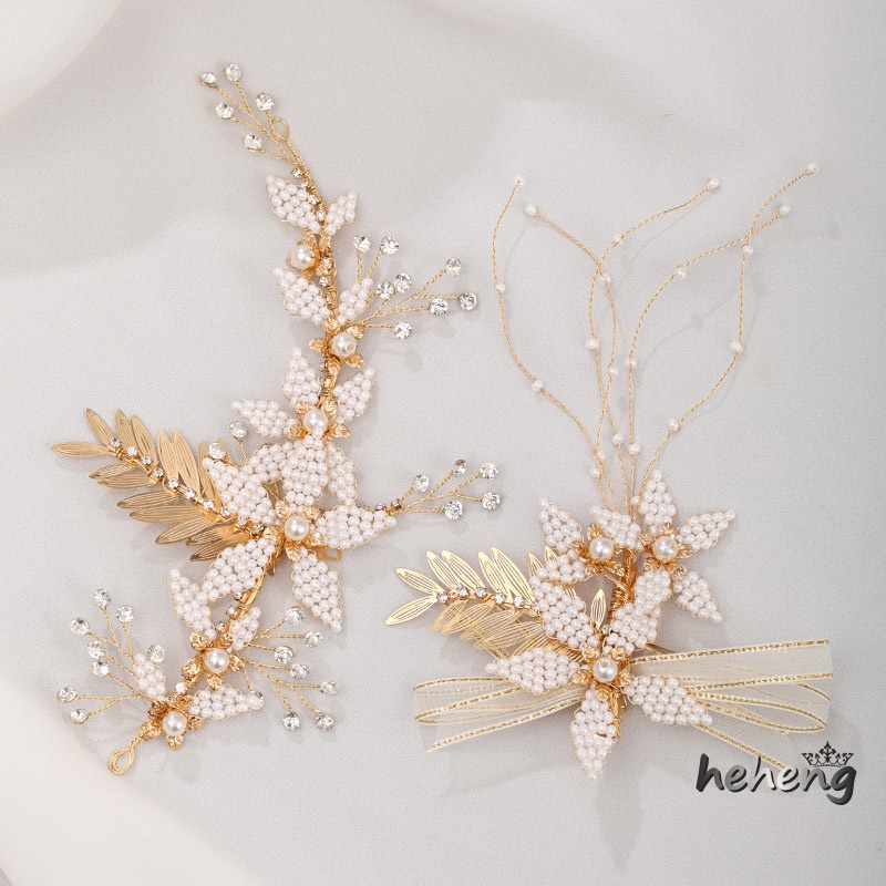 1 Bộ Kẹp Tóc Hình Hoa Lá Đính Đá &amp; Ngọc Trai Giả Thanh Lịch Cho Cô Dâu