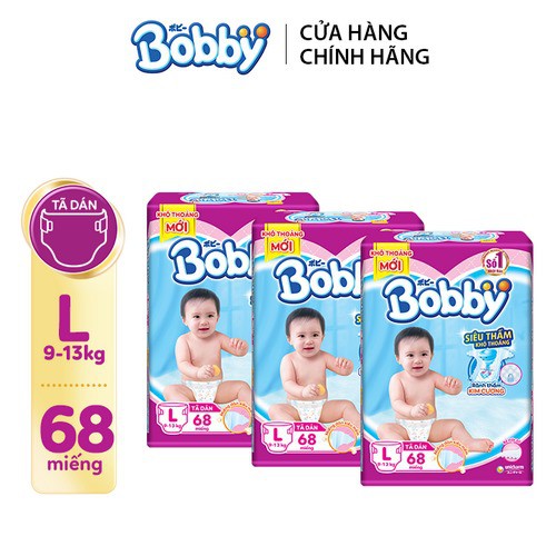 Combo 3 Tã dán Bobby đệm thun thấm mồ hôi đủ size M76/L68/XL62/XXL56