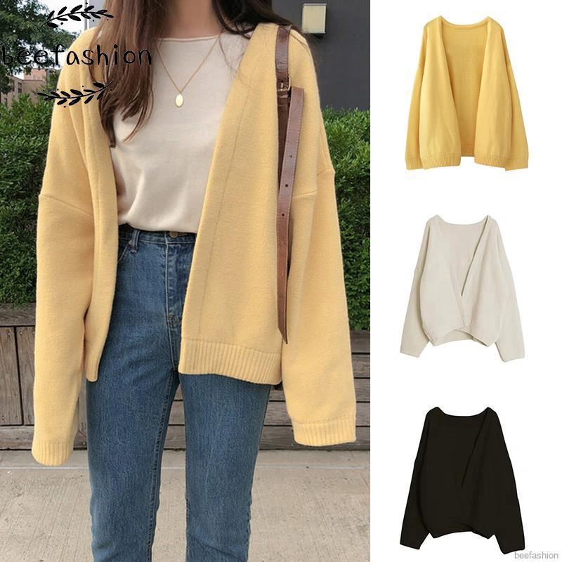 [ Mã FAGREEN1505 giảm 10% tối đa 30K đơn 99K] Áo Cardigan dệt kim tay dài màu trơn thiết kế dáng rộng thoải mái