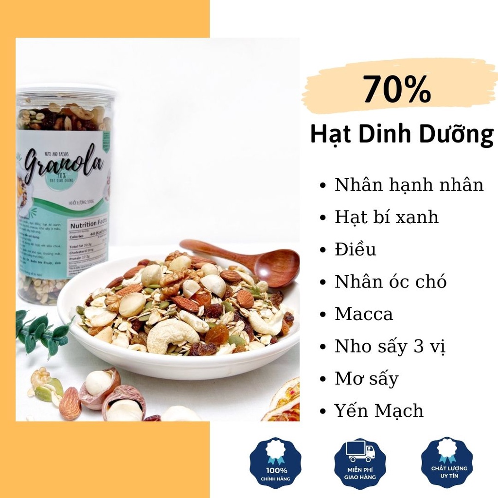 Granola Ăn Kiêng Giảm Cân Không Đường Siêu Hạt 70% Hạt Dinh Dưỡng 30% Yến Mạch Nướng Mật Ong có thêm Nhân Óc Chó, Macca