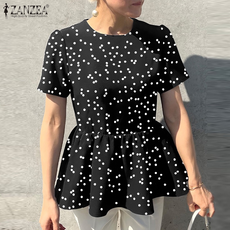 Zanzea Áo Nữ Tay Ngắn Cổ Tròn Họa Tiết Chấm Bi Phong Cách Châu Âu Thanh Lịch