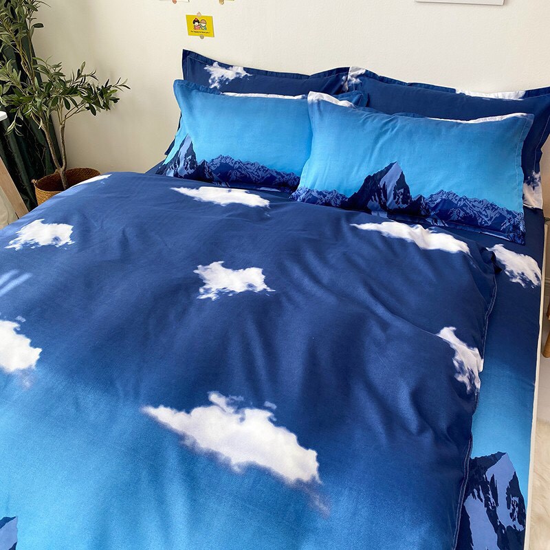 Bộ chăn ga gối , drap giường chất cotton poly họa tiết mây trắng nền xanh đậm