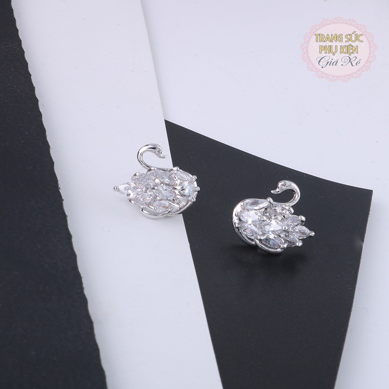 Bông tai thời trang HT168 hình thiên nga, đá sáng bạc Ý S925