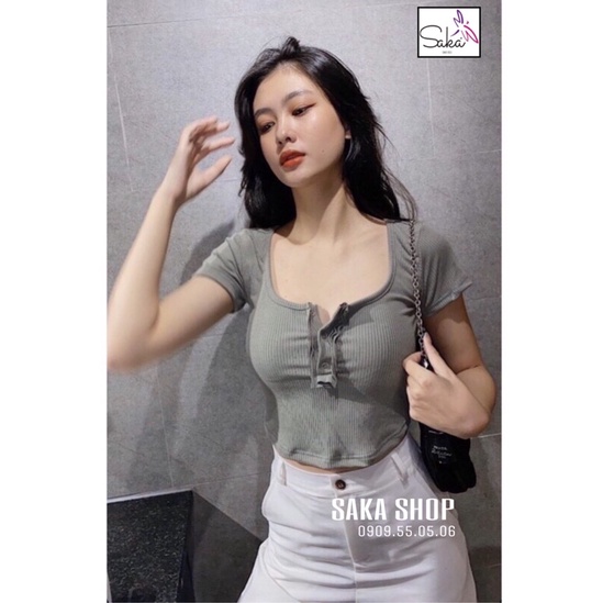 Áo croptop nữ tay ngắn nút sắt vạt bầu trơn màu