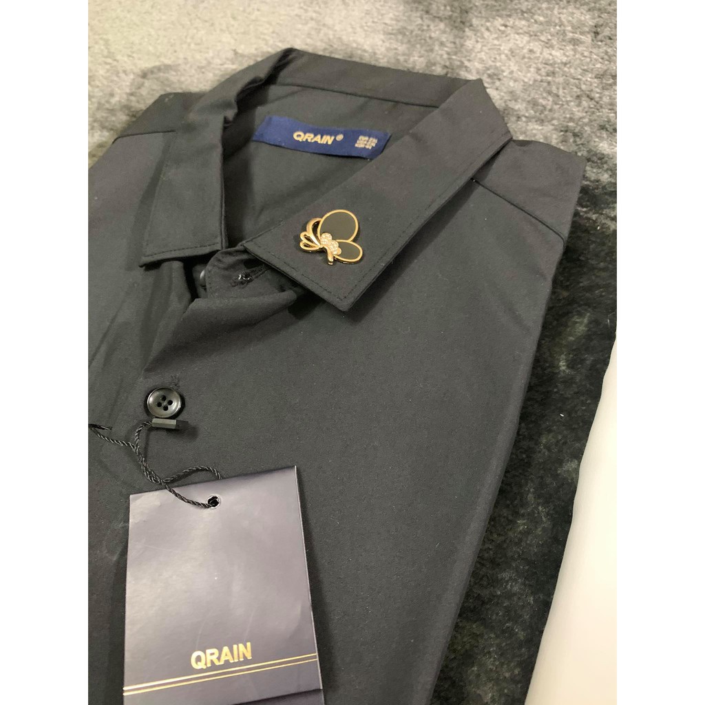 Áo Sơ Mi Nam Dài Tay Logo Đính Cổ Vải Lụa Cao Cấp, Áo Sơmi Trắng Đen Dáng Ôm Form Body