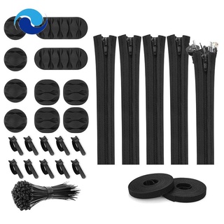 127Pcs Cord Management Organizer Kit,Cable Sleeve with Zipper,Self Adhesive Cable Clip Holder,Roll Self Adhesive Tie,Etc