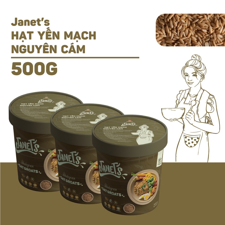 3 hộp Janets Hạt yến mạch nguyên cám 500g, yến mạch Chile
