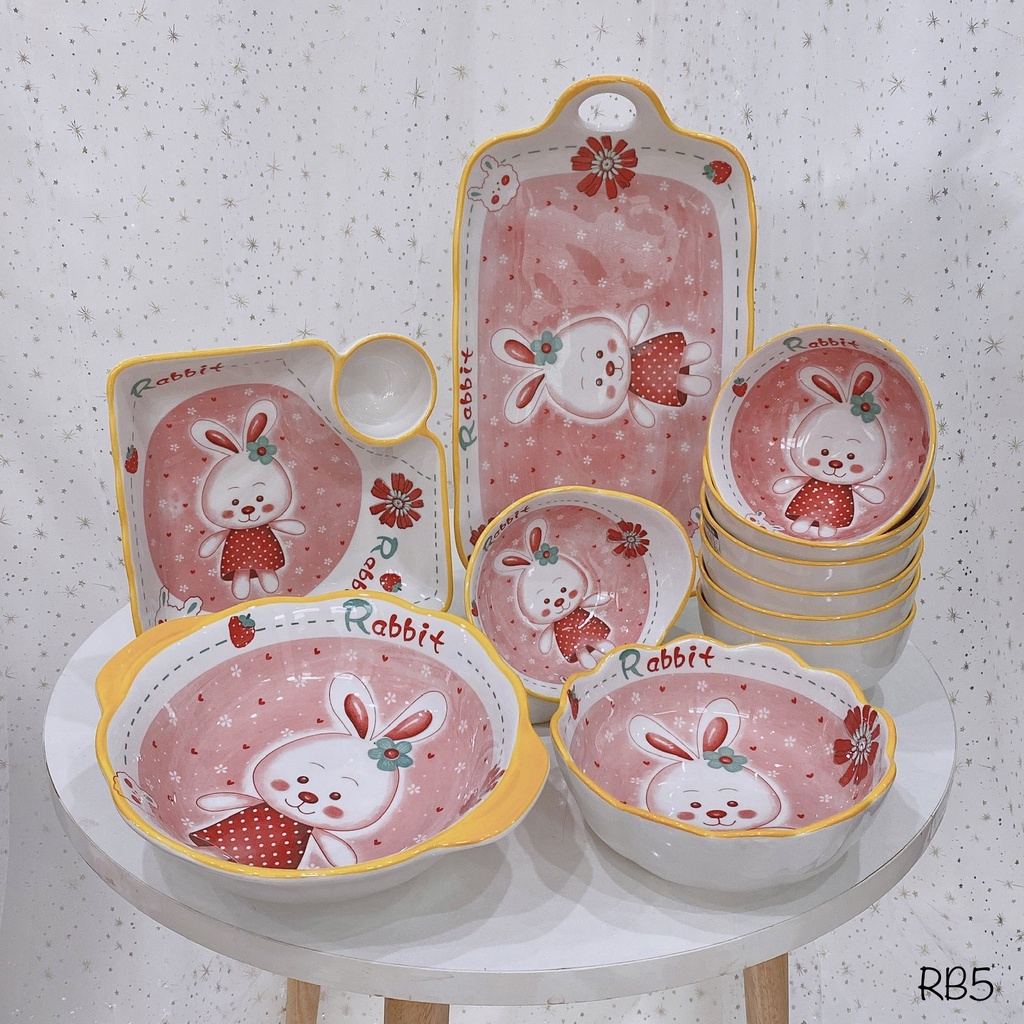 Tổng hợp bộ bát đĩa decor bộ thỏ hồng siêu xinh cho bé