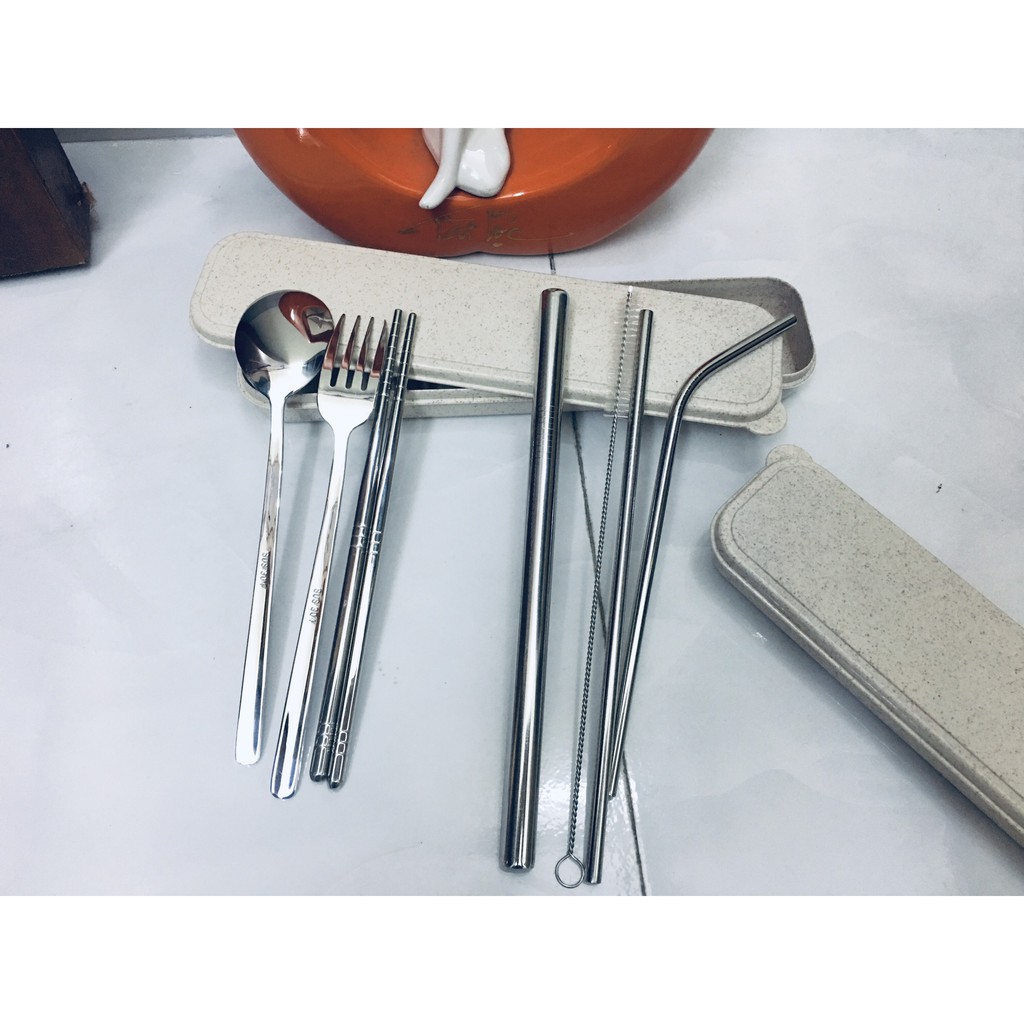 Set đũa thìa dĩa muỗng kèm ống hút inox 304 và hộp đựng lúa mạch thân thiện với môi trường