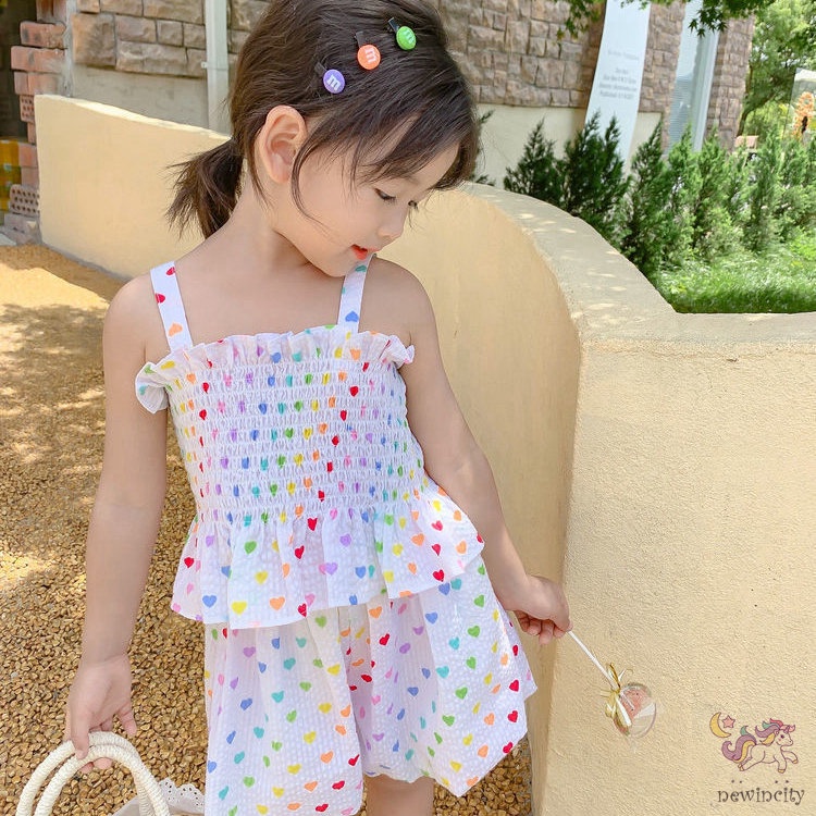 Set Đồ Mùa Hè 2 Món Gồm Áo Thun In Hình Trái Tim + Quần Ngắn Thời Trang Hàn Quốc Cho Bé Gái