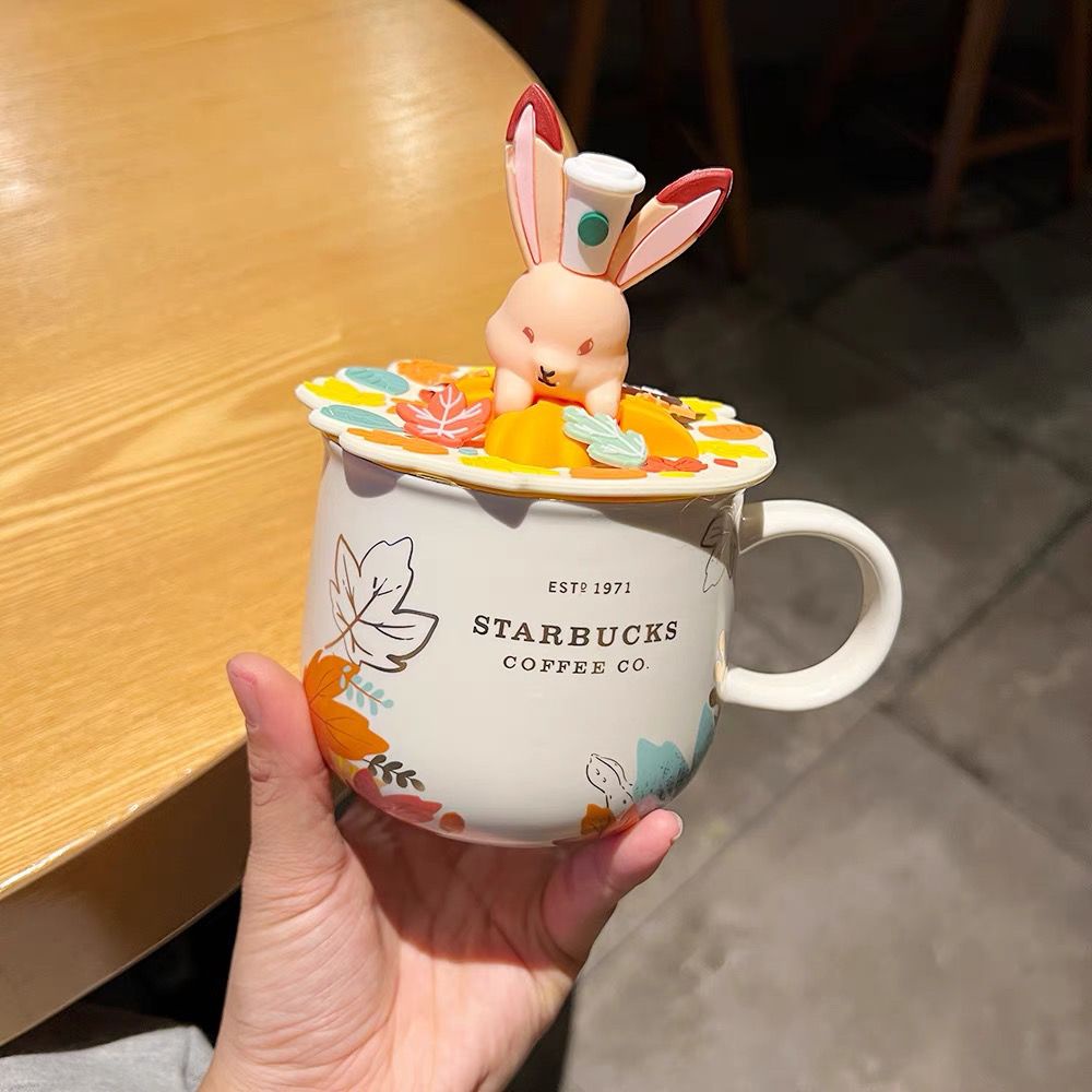 Cốc Uống Cà Phê Starbucks Bằng Gốm In Nổi Hình Thỏ Lá Phong Dễ Thương