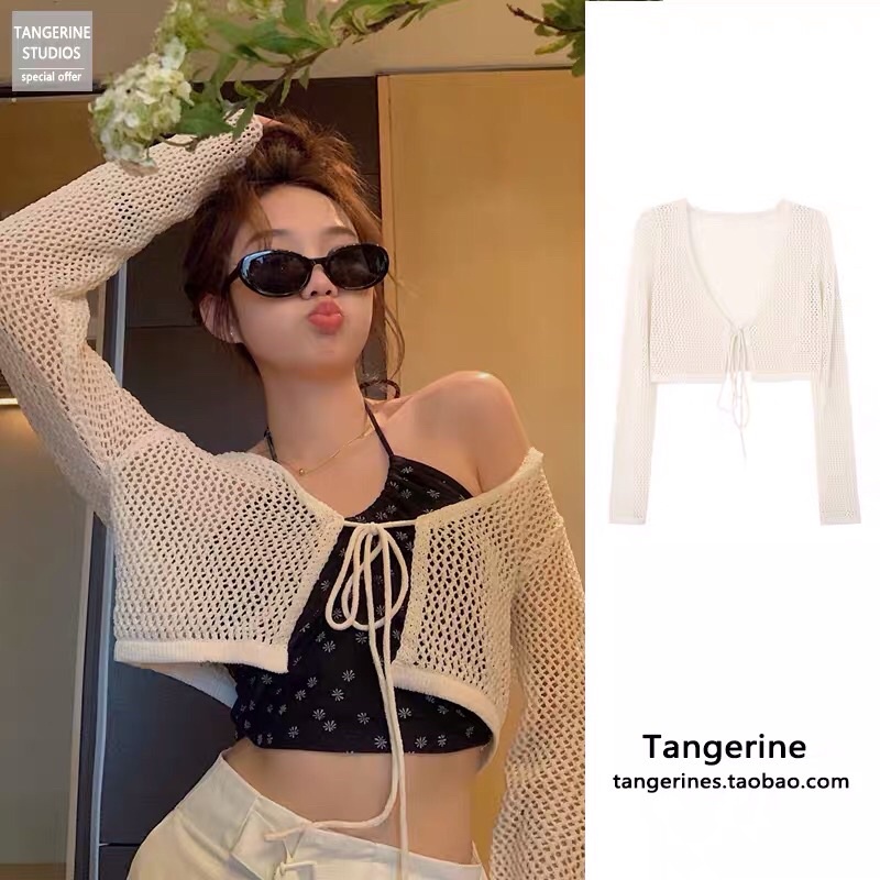 Áo khoác ngoài đan lưới croptop, mỏng nhẹ