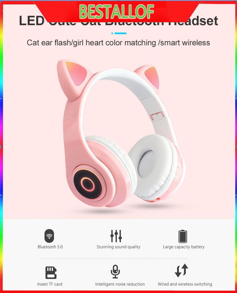 Tai Nghe Mèo Bluetooth cao cấp, Tai Nghe Bluetooth Chơi Game pin trâu, Headphone Mèo có mic, chống ồn, đèn led đổi màu BEST