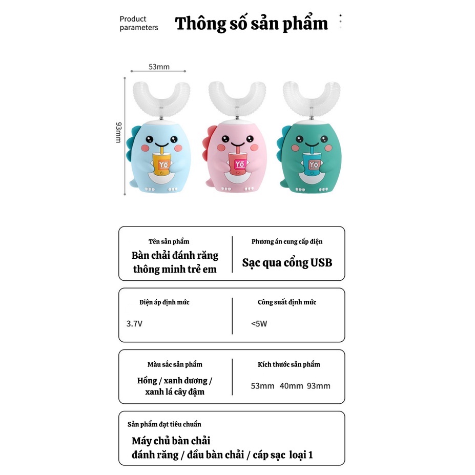 Bàn chải điện cho bé SINEX  - Bàn chải đánh răng điện chữ U silicon siêu mềm cho bé từ 2 -9 tuổi, bảo hành 6 tháng