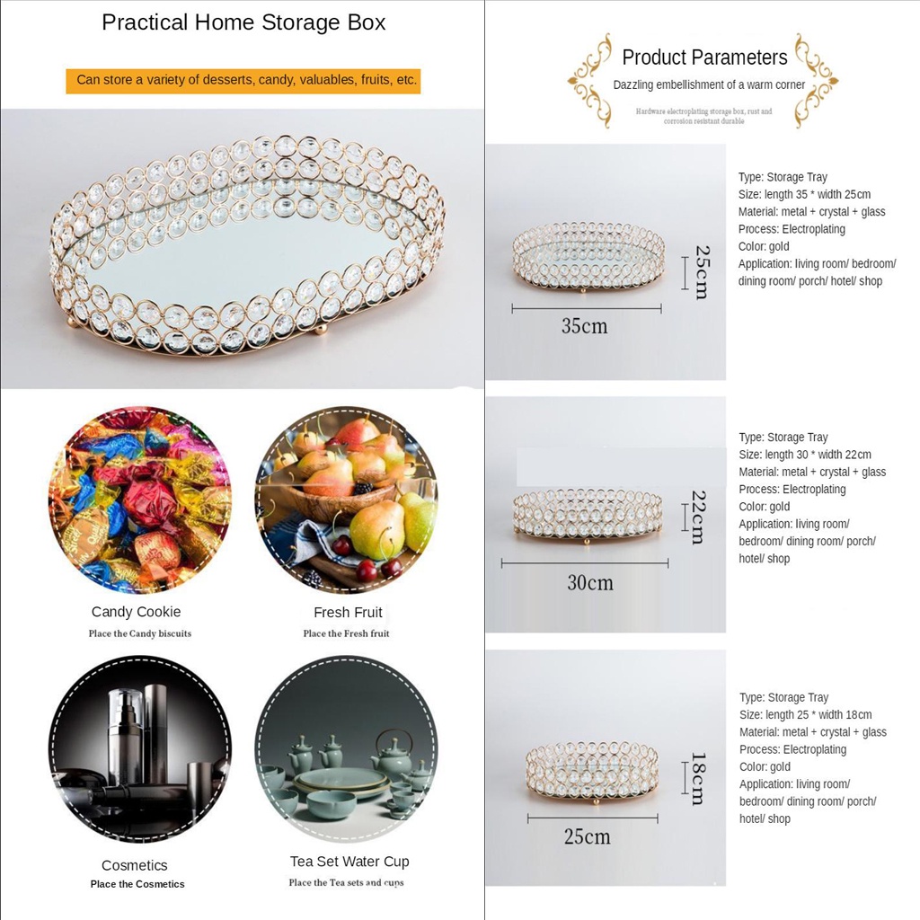 Khay Trang Trí Lọ Nước Hoa Mỹ Phẩm Tráng Gương Pha Lê Vanity