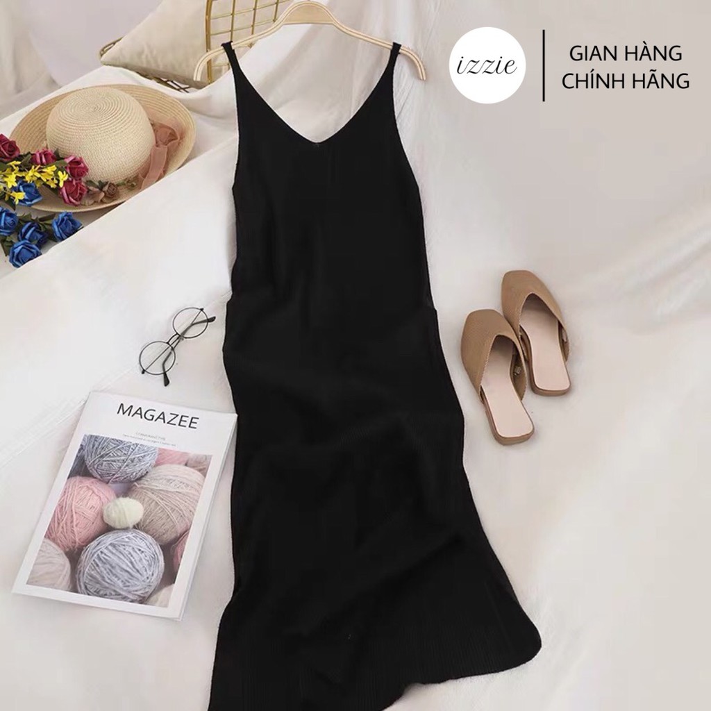 Váy hai dây len tăm co dãn VL366 izzie 2022 cổ V, xẻ tà, bầu mặc được, thoải mái 40-65kg | BigBuy360 - bigbuy360.vn