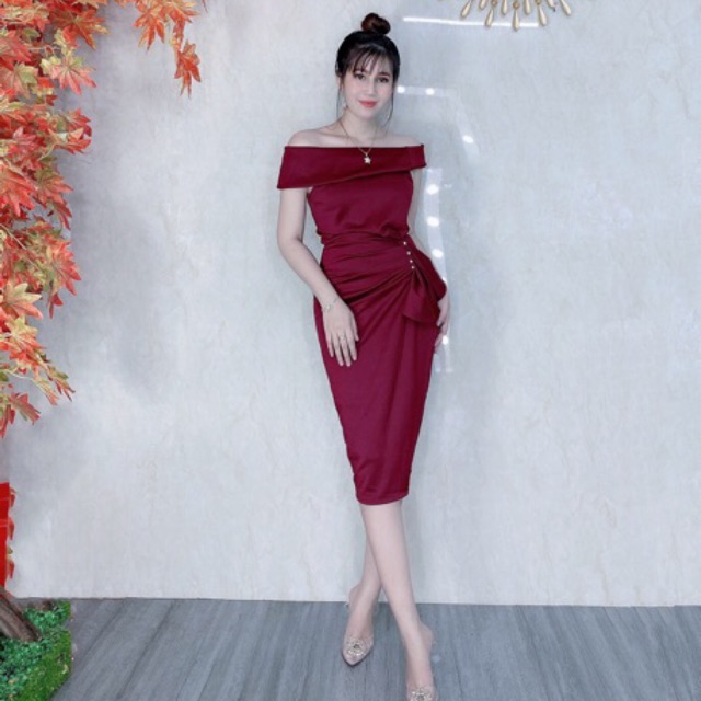 Đầm body bẹt vai kết ngọc nhún bèo - MS30B - TRIPBLE T DRESS | BigBuy360 - bigbuy360.vn