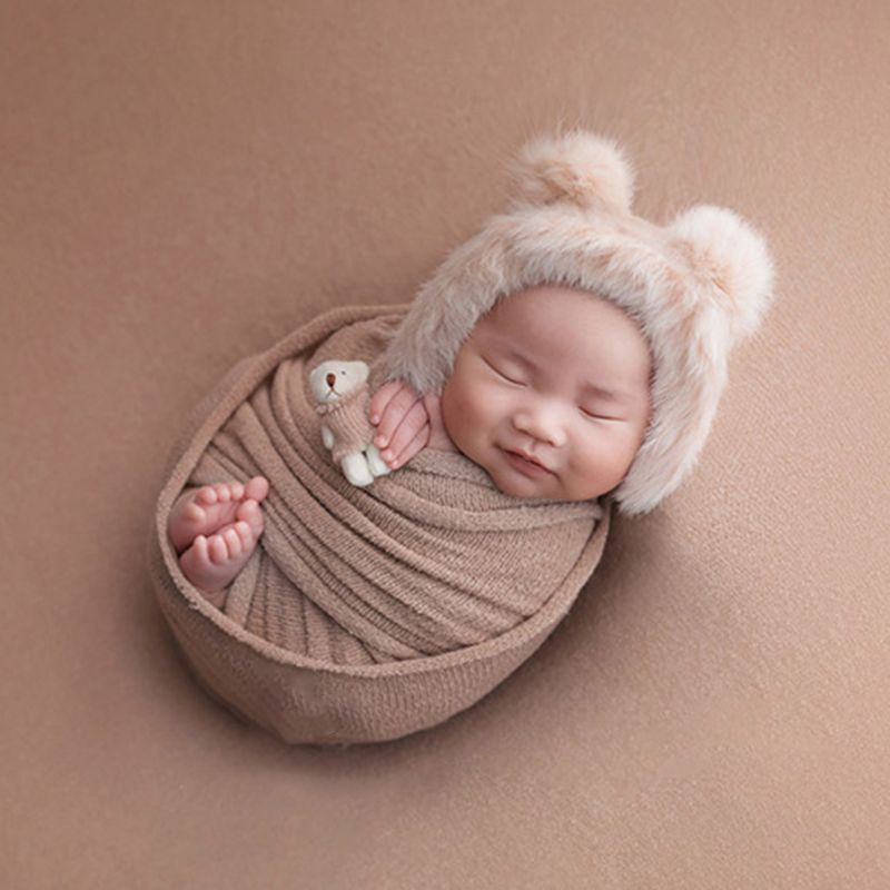 Bộ 2 Món Đồ Hóa Trang Gấu / Thỏ Đan Len Phối Lông Thỏ Dễ Thương Dùng Làm Phụ Kiện Chụp Ảnh Cho