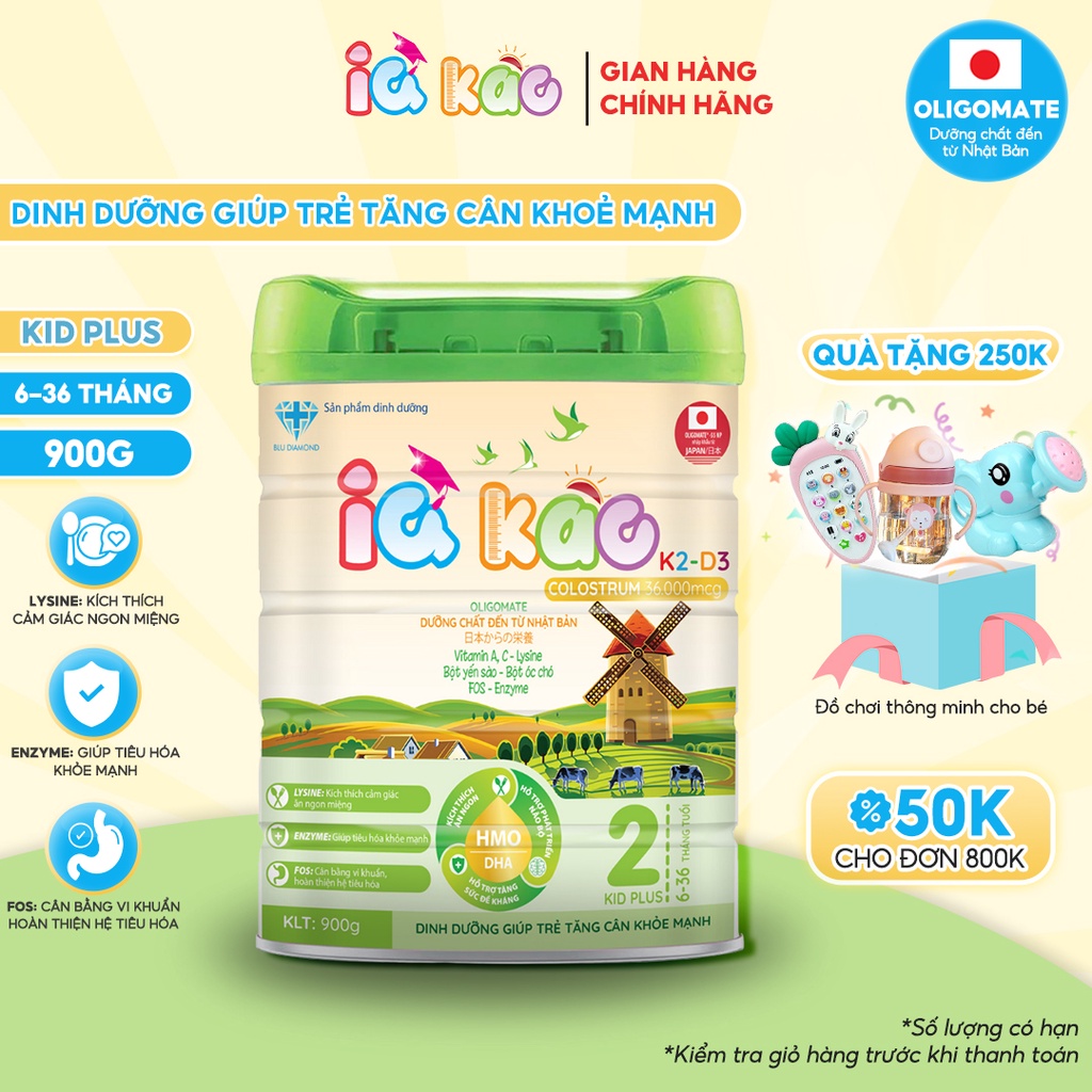Sữa bột IQ KAO KID PLUS giúp trẻ ăn ngon tiêu hóa tốt tăng cân khỏe mạnh tăng sức đề kháng hộp 900g