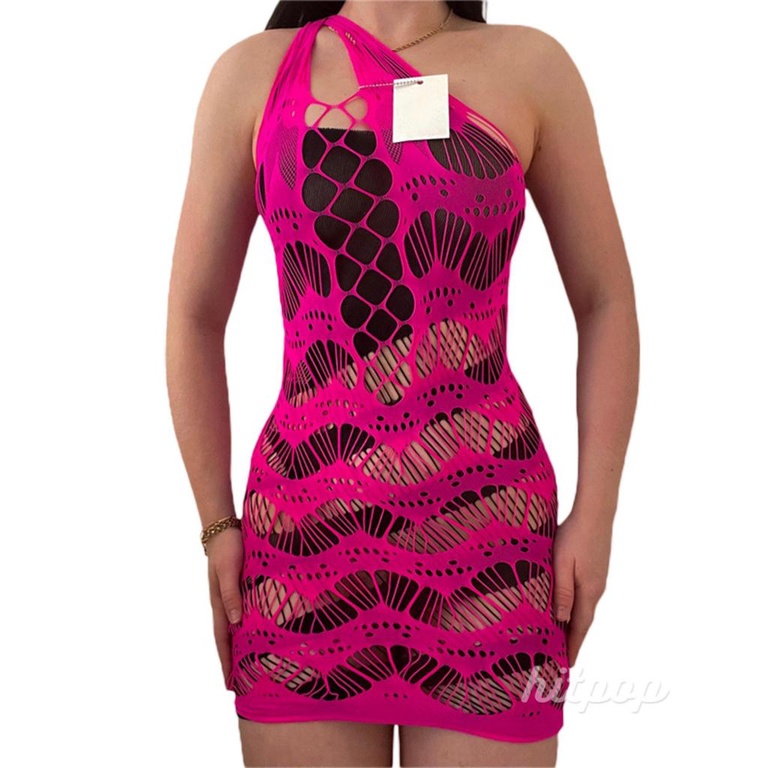 Hitpop-Women´s Round Neck Dress, Sleeveless Pure Color Package Hip One-Piece, Hollow-Out Cocktail Club Party Dress