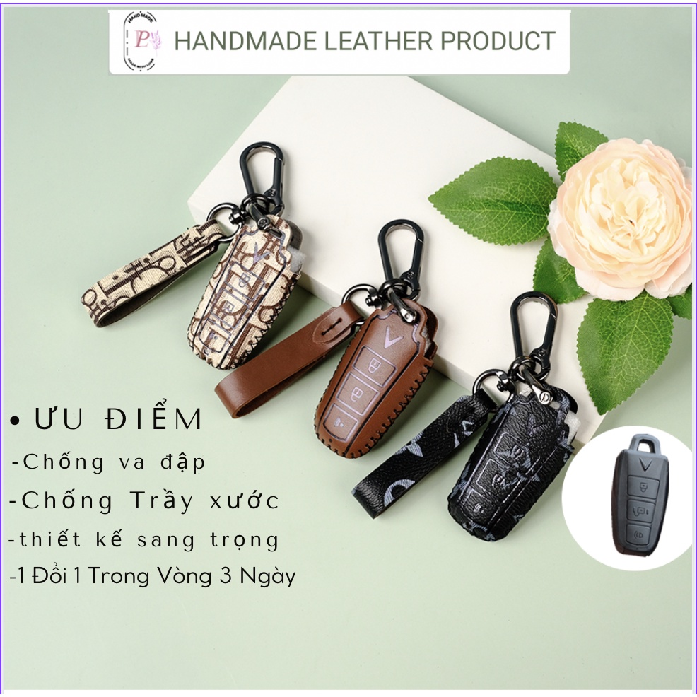 Bao da bọc chìa khóa smartkey xe máy điện Vinfast Klara Klara s 3 nút bấm khâu tay móc đen KLA