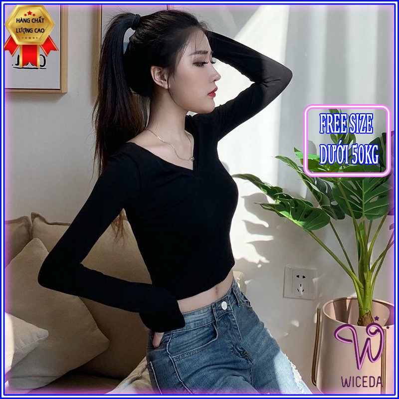 Áo croptop dài tay cổ tim ôm body xinh , áo thun kiểu tay dài đẹp chất 100% cotton hai màu đen trắng Wiceda TD281