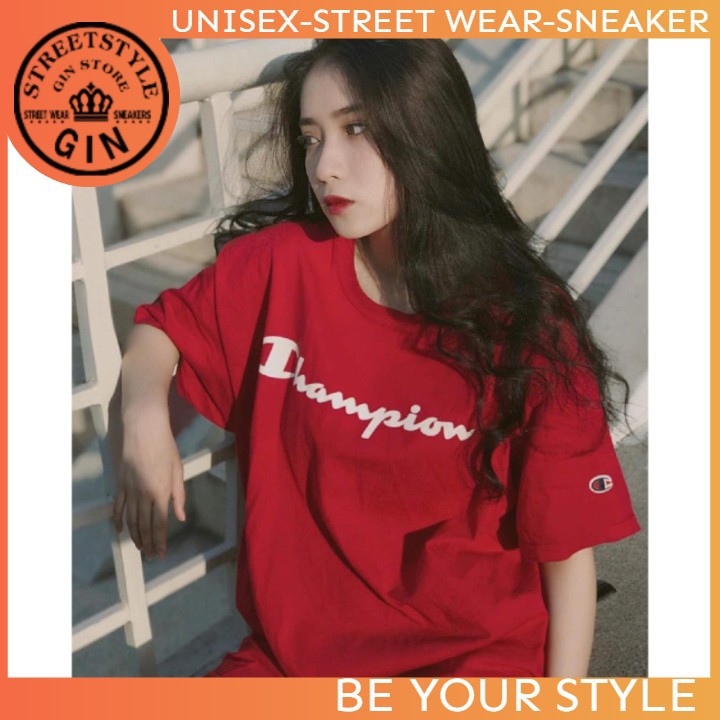 Áo thun champion đỏ phong cách unisex - kèm ảnh thật (gin store)
