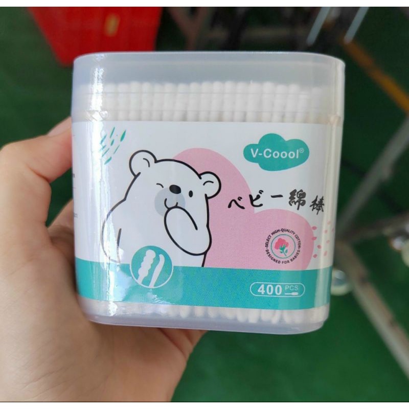 Tăm bông sơ sinh, bông ngoáy tai trẻ em Vcool kháng khuẩn . Hộp gấu xanh  xuất nhật
