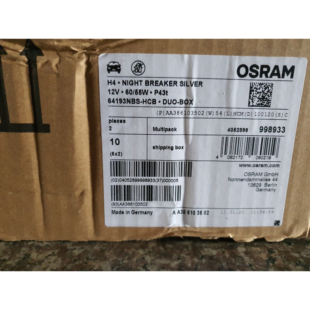 Bóng Đèn Halogen Tăng Sáng 100% OSRAM NIGHT BREAKER SILVER H4 12v 60/55w