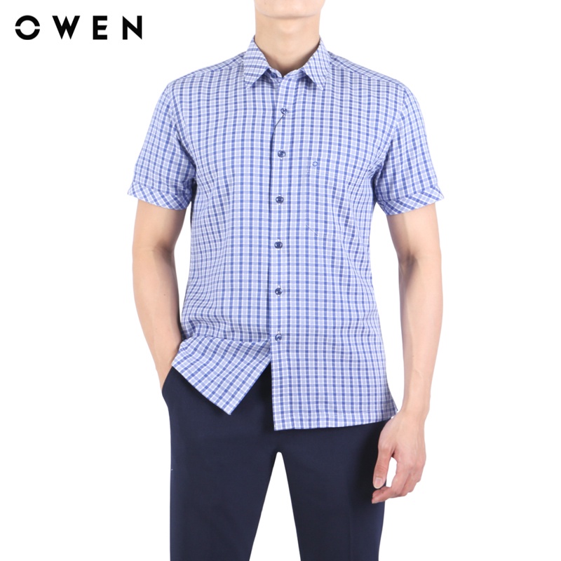 Áo sơ mi ngắn tay nam Owen Café Body Fit màu Xanh trắng - BA23546N