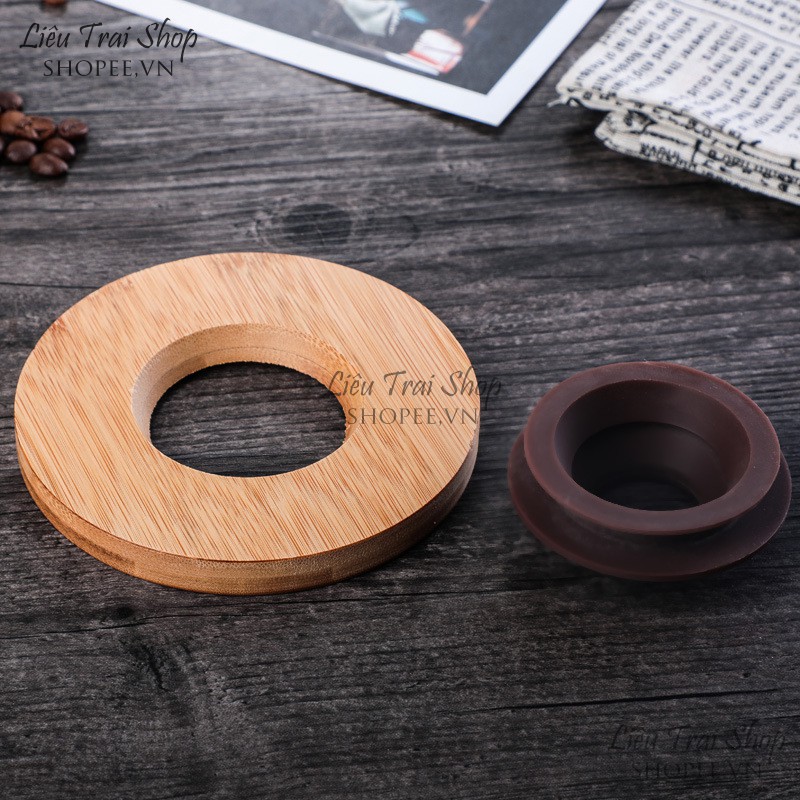 Bộ bình và phễu  drip v60 pha cà phê giấy lọc Pour over  drip brew giá gỗ tròn nhiều màu gioăng silicone