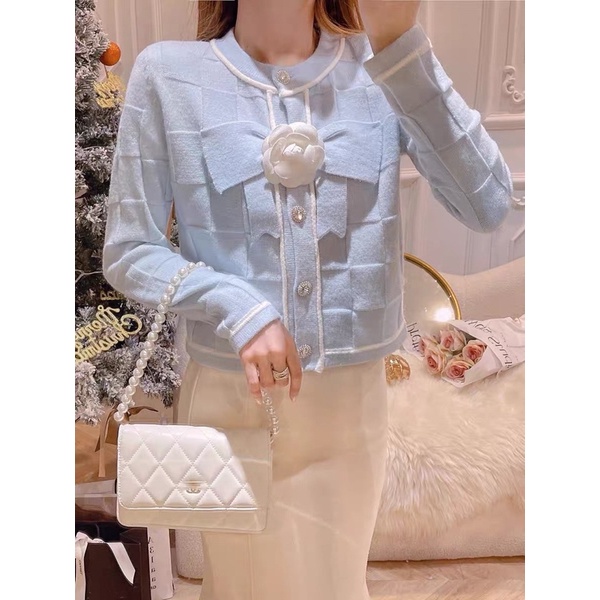 Áo len cardigan một hàng cúc bông 3D, áo dệt kim dài tay phong cách Hàn Quốc