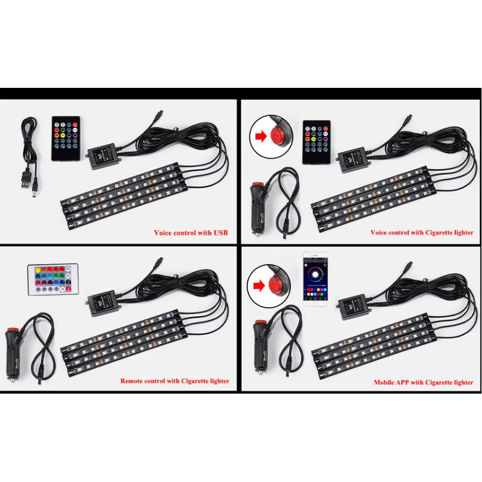Dây Đèn Led Kevanly Gắn Bên Trong Xe Hơi 4x12 Rgb